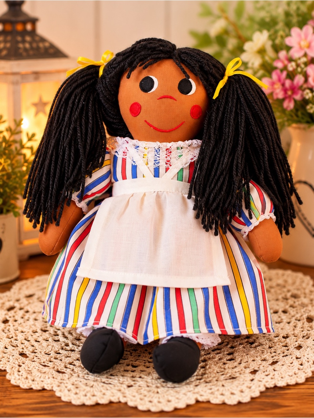 Gambiana African American Rag Plush Doll 15” Striped Dress Yarn Hair Soft Toy